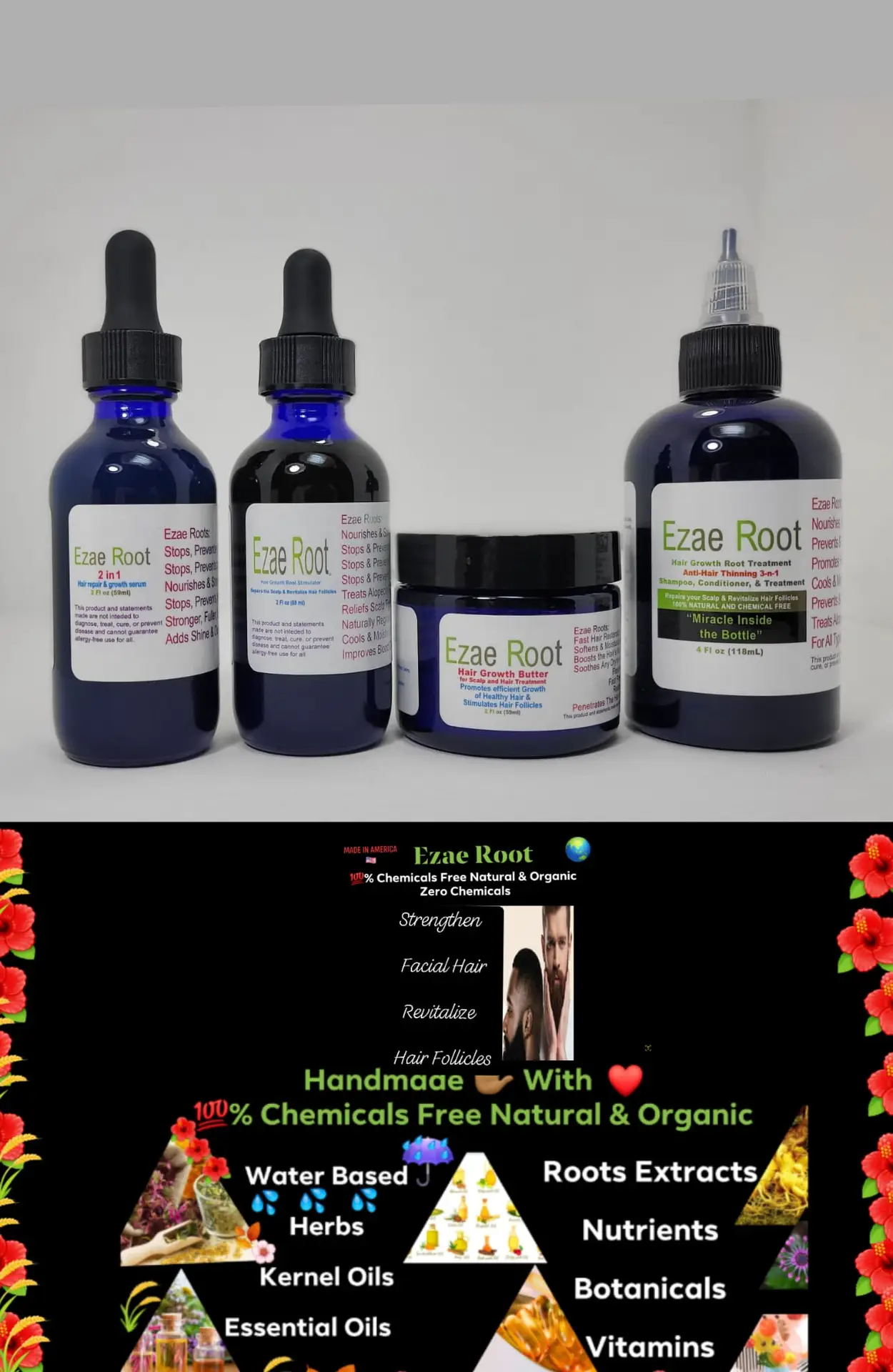 Hair Growth Root Stimulator 2 FL OZ, Hair Repair & Growth Serum 2 FL OZ, Hair Growth Butter 2 FL OZ, Hair Growth Anti - Hair Thinning 3in1 Shampoo, Conditioner & Treatment 4 FL OZ