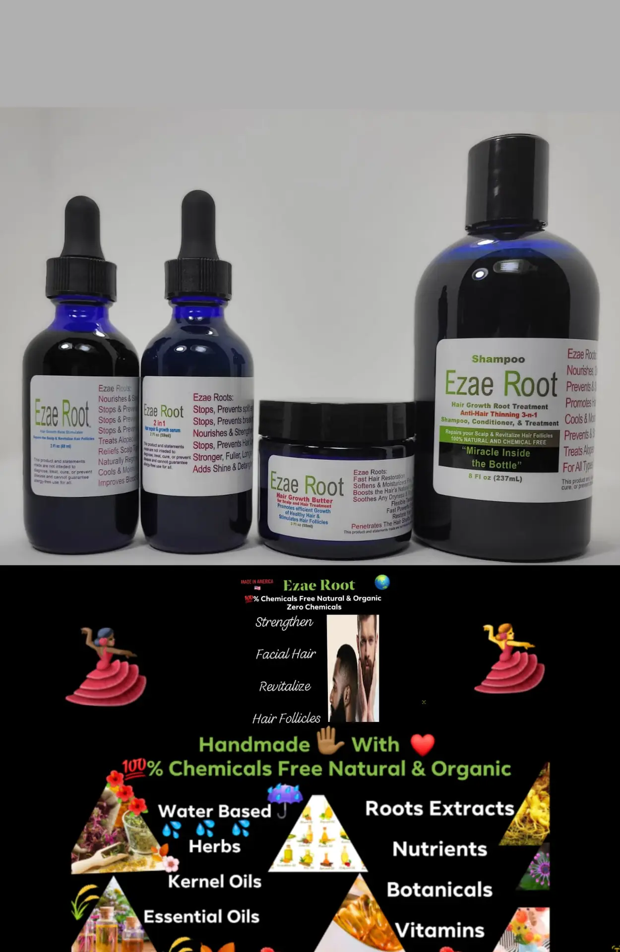 Hair Growth Root Stimulator 2 FL OZ, Hair Repair & Growth Serum 2 FL OZ, Hair Growth Butter 2 FL OZ, Hair Growth Anti-Hair Thinning 3in1 Shampoo, Conditioner & Treatment 8 FL OZ