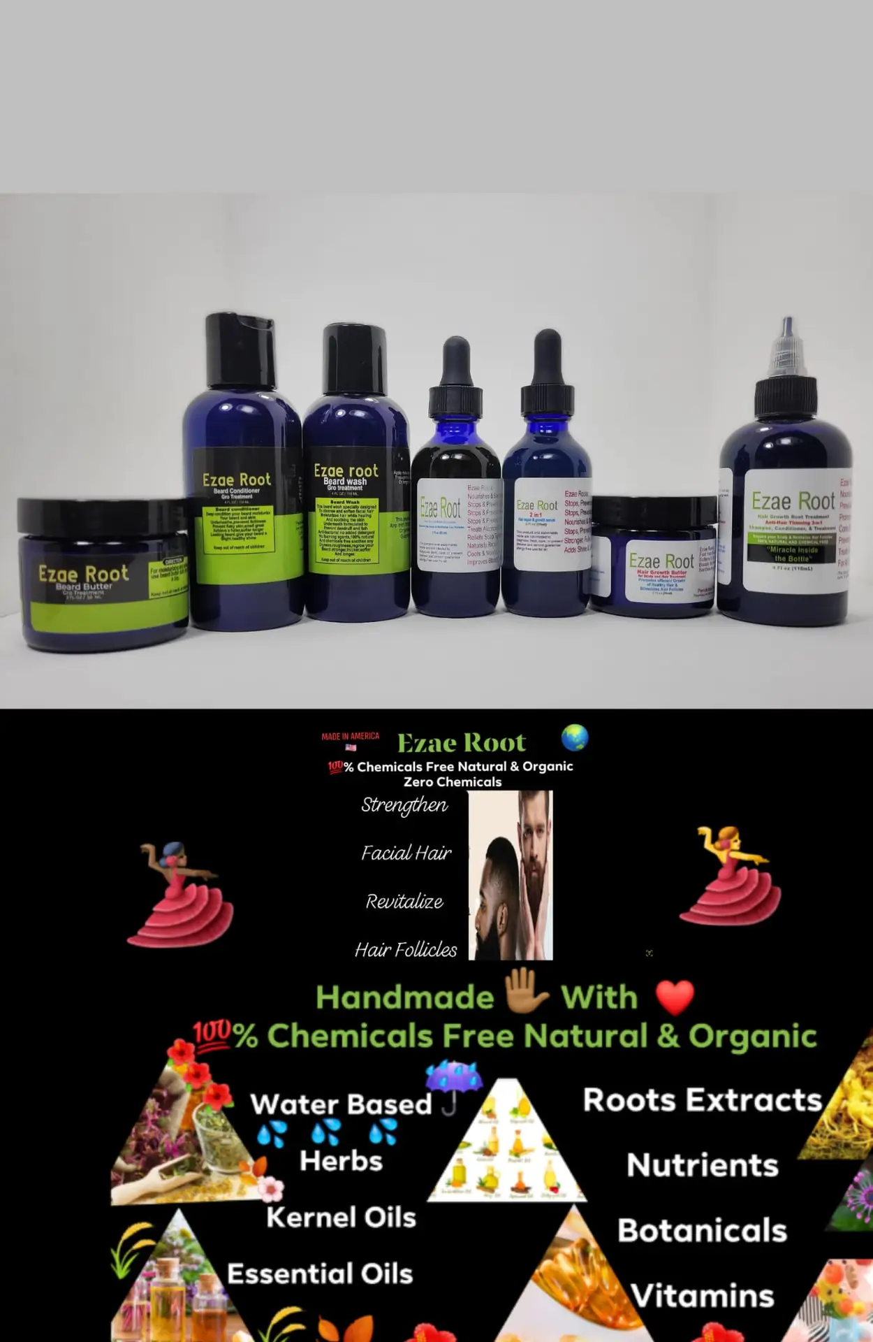 Hair Growth Root Stimulator 2 FL OZ, Hair Repair & Growth Serum 2 FL OZ, Hair Growth Butter 2 FL OZ, Hair Growth Anti-Hair Thinning 3in1 Shampoo, Conditioner & Treatment 4 FL OZ, Beard Wash 4 FL OZ, Beard Conditioner 4 FL OZ, Beard Butter 2 FL OZ