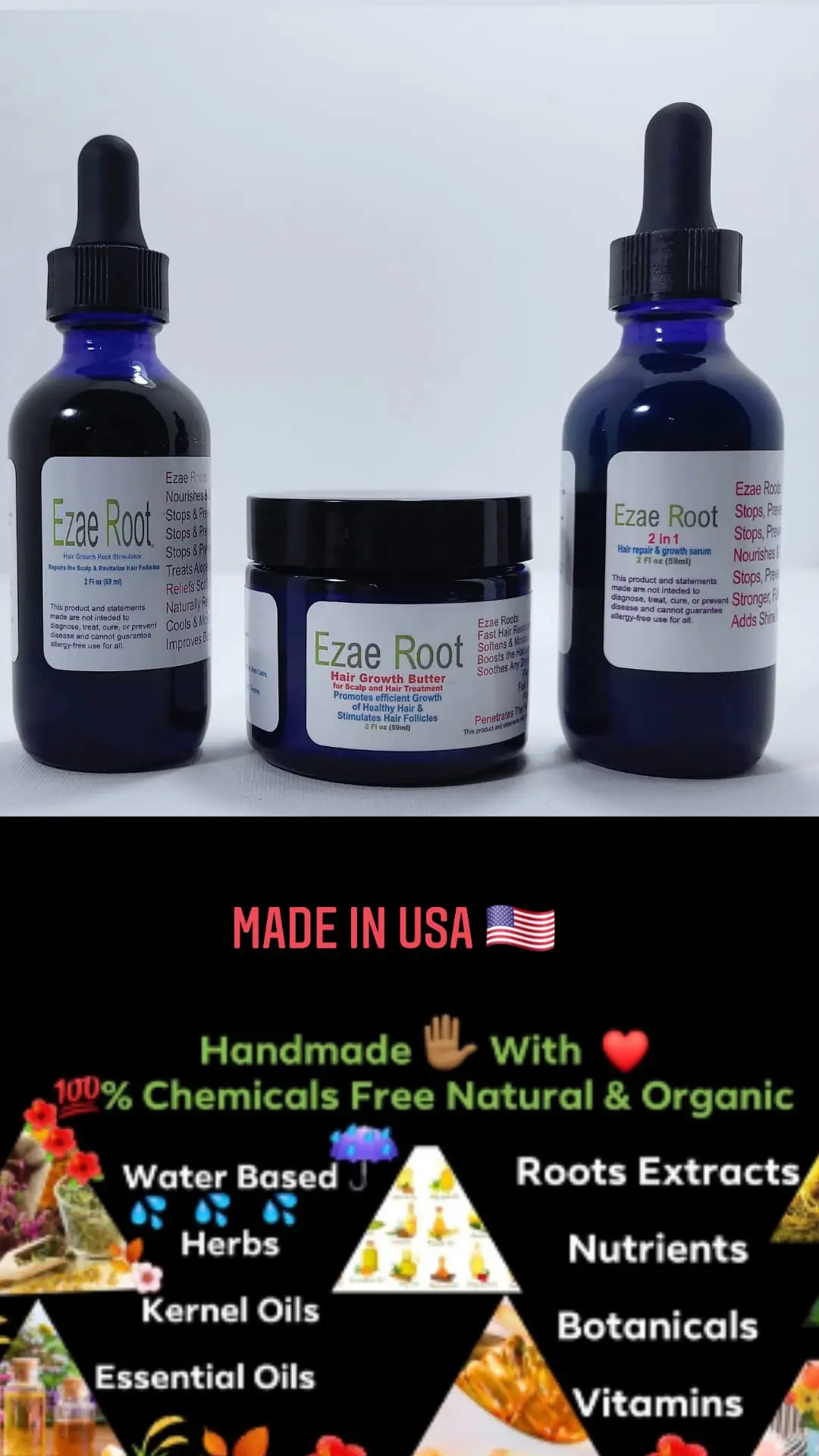 Hair Growth Root Stimulator 2 FL OZ, Hair Repair & Growth Serum 2 FL OZ, Hair Growth Butter 2 FL OZ