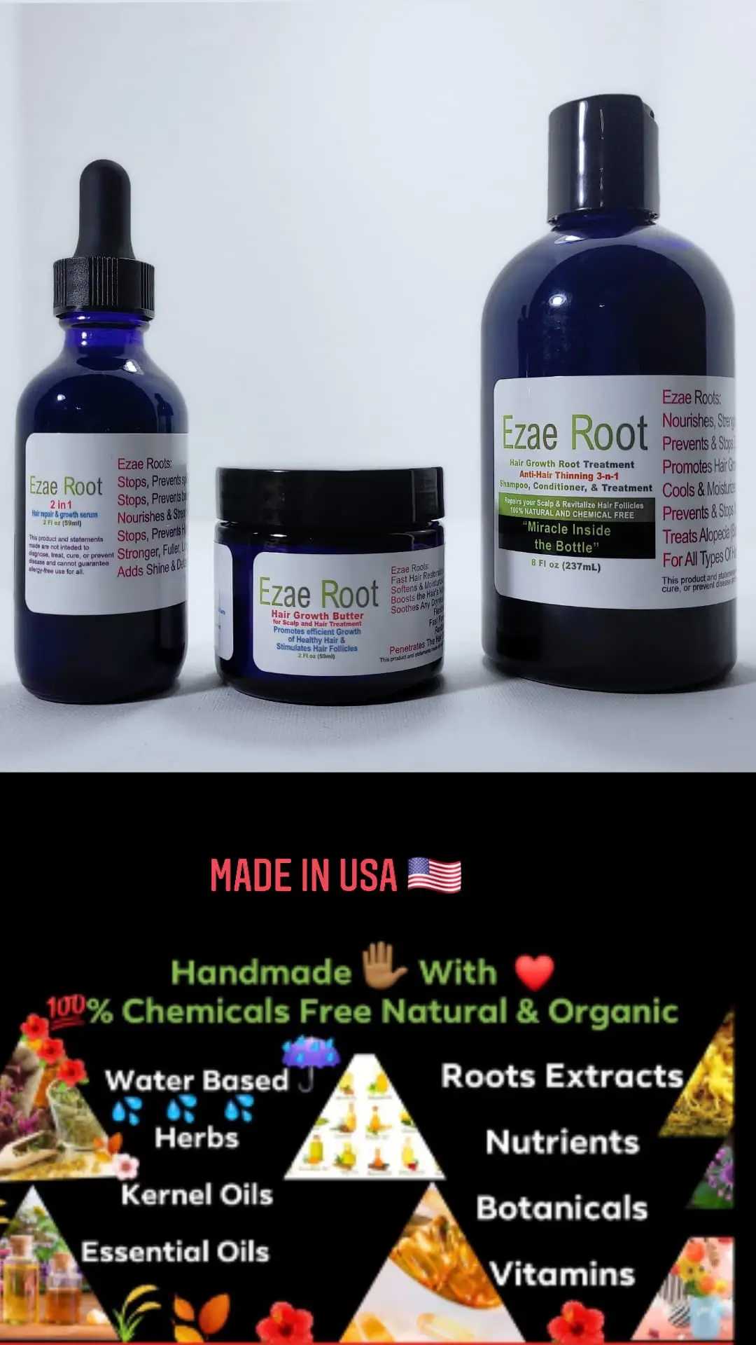 Hair Repair & Growth Serum 2 FL OZ, Hair Growth Butter 2 FL OZ, Hair Growth Anti-Hair Thinning 3in1 Shampoo Conditioner & Treatment 8 FL OZ