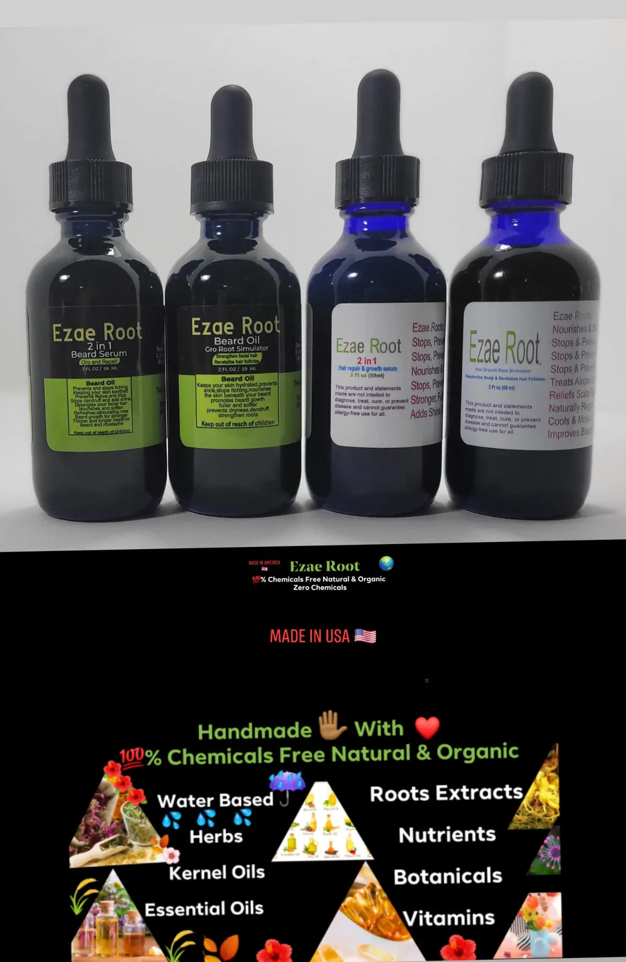 Beard Oil 2 FL OZ, Beard Serum 2 FL OZ, Hair Growth Root Stimulator 2 FL OZ, Hair Repair & Growth Serum 2 FL OZ